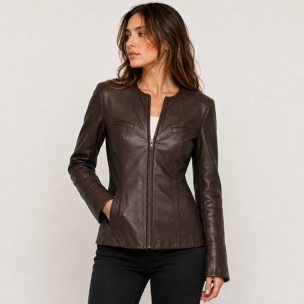 Vintage Zion Italian Lambskin Leather Jacket Brown Size 6 Lined Zipper Cuffs
